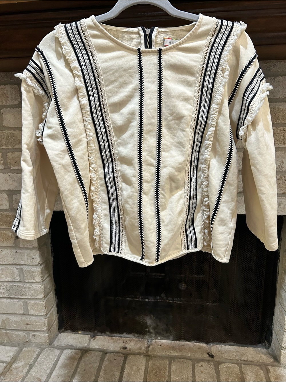 Anthropologie Woven Fringe Stripe Women's Top – Cream with Black Stripes EUC